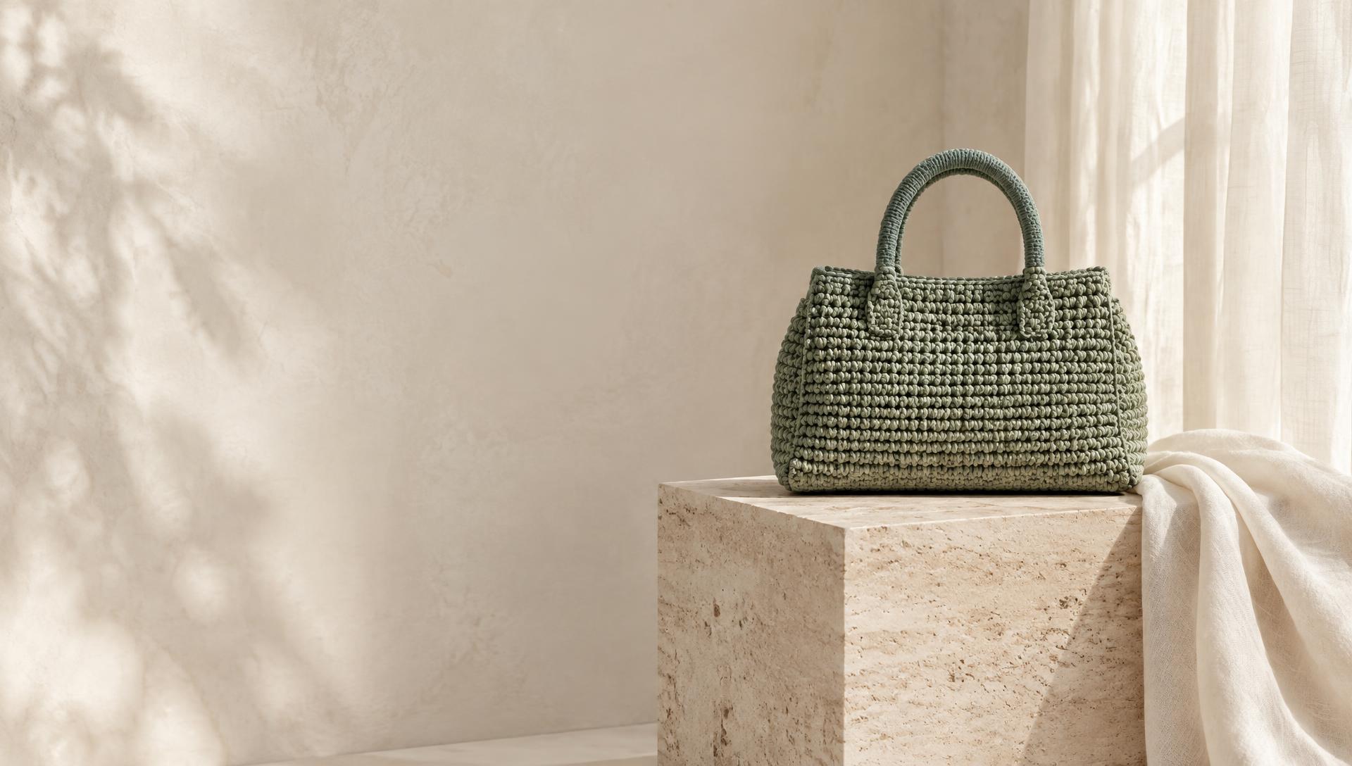 Sage crochet handbag on a sculptural stone pedestal