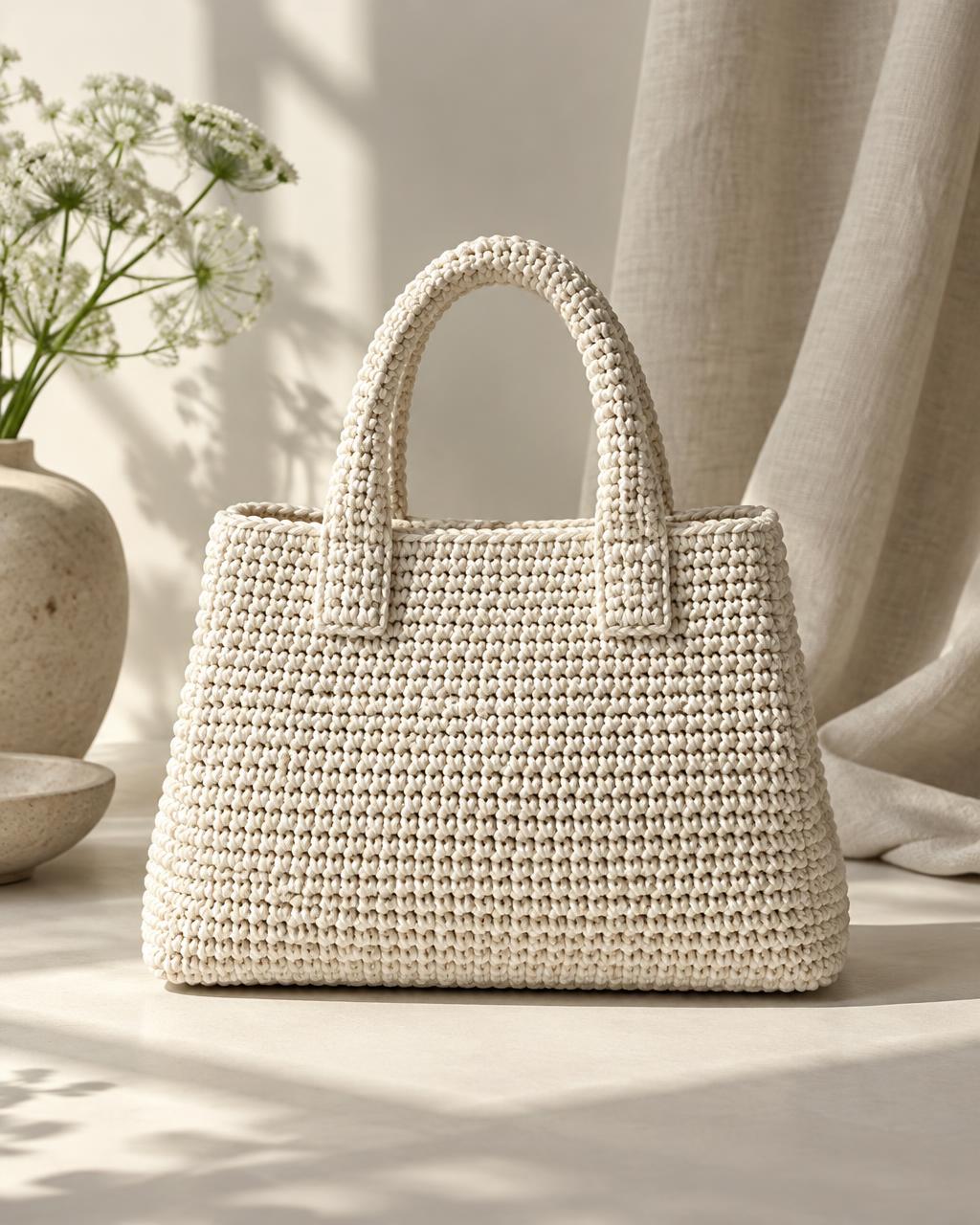 Ivory crochet handbag with a structured silhouette