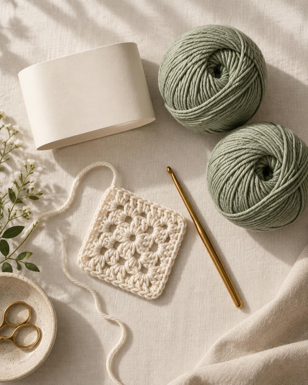 Sage yarn and gold crochet tools arranged as a DIY kit