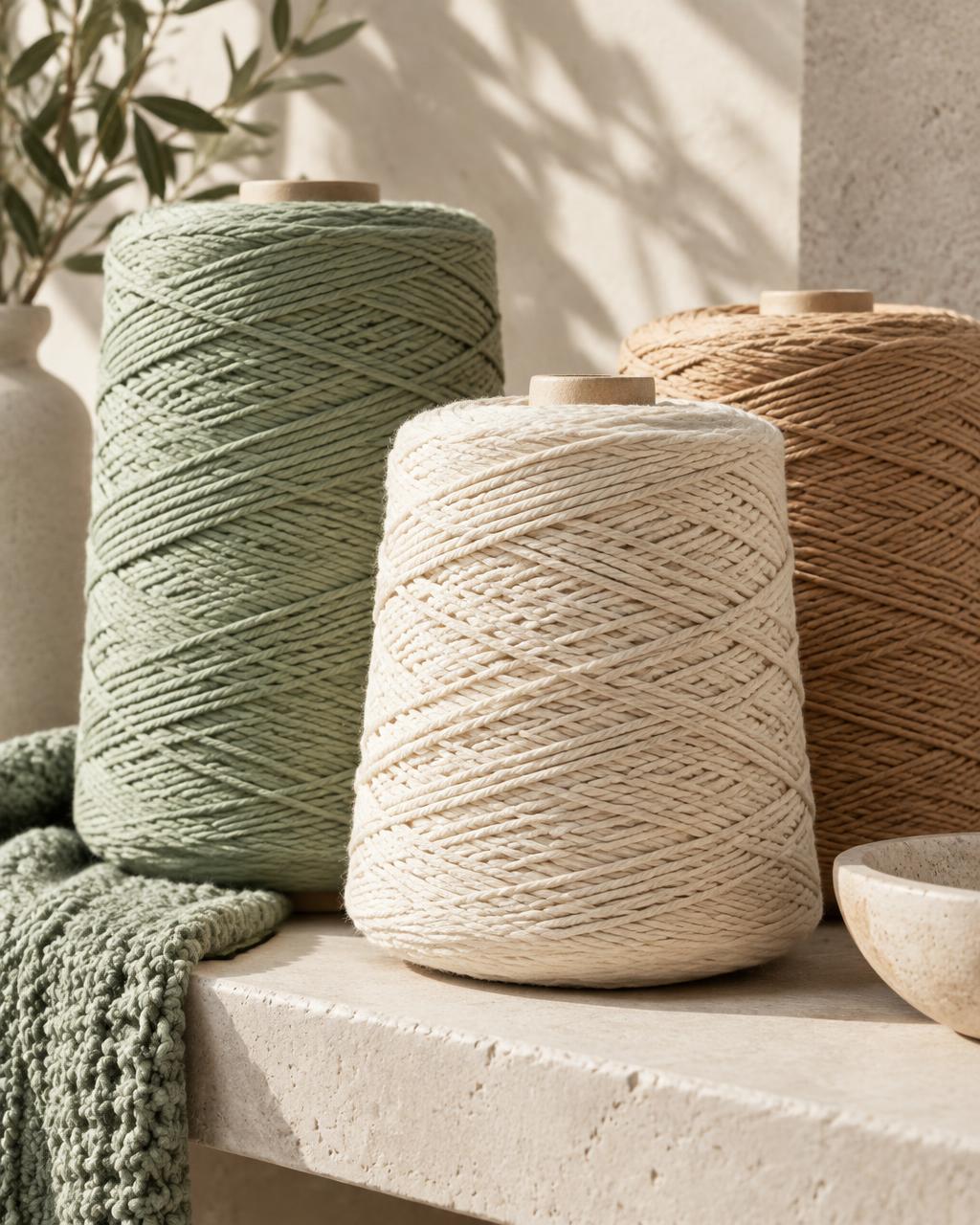 Premium cotton yarn in sage, ivory and camel